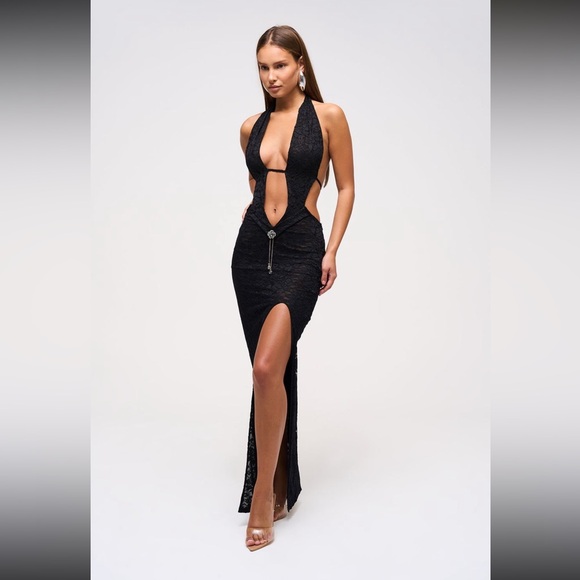 our Rose Chain Maxi Dress with Extreme V Neck In Black Lace. - Picture 1 of 3